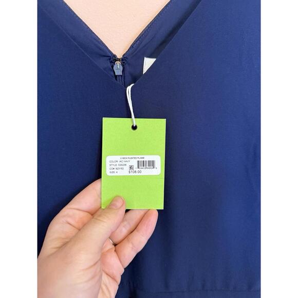 Sam Edelman Pleated V Neck  Midi Dress Navy Sz 4 - Picture 4 of 7